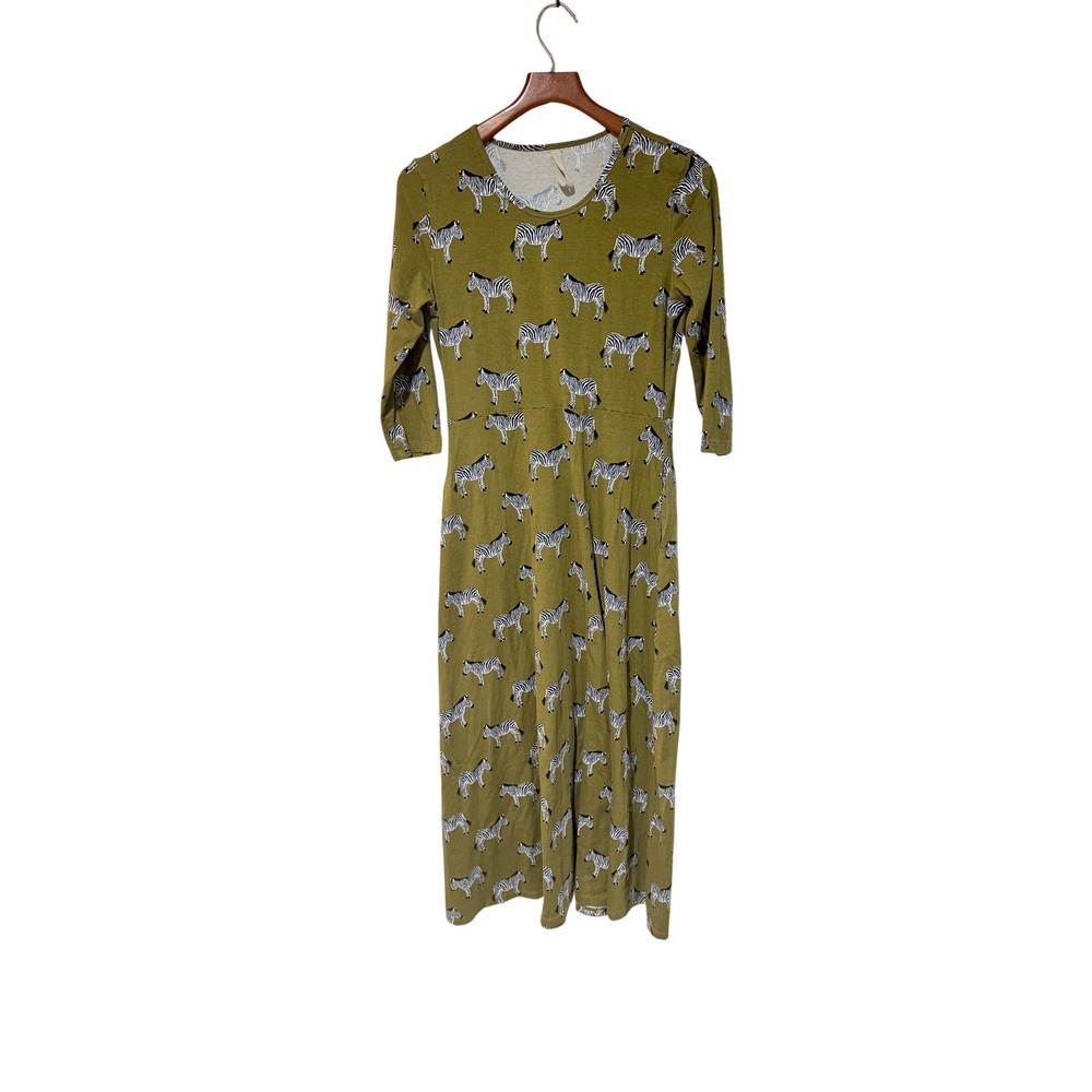 Mata Traders Zebra Print Maxi Dress Green Organic Cotton 3/4 Sleeve L